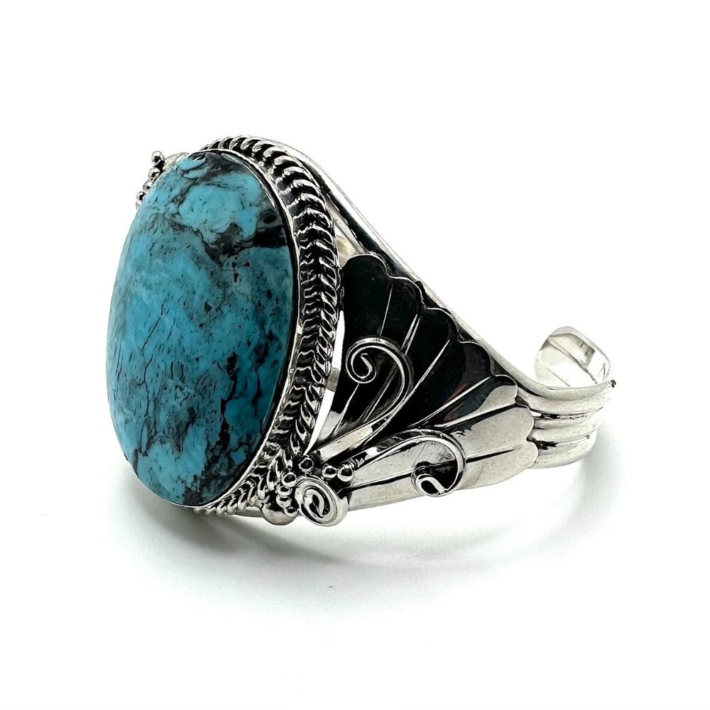 Navajo 925 Sterling Silver Chaco Canyon Blue Turquoise Cuff Bracelet 7"